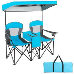 2-sits campingstol med solskydd minibord hopfällbar fiskestol med bärväska 166 x 71 x 151 cm blå