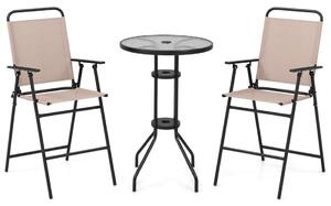 3-delat utomhusbistroset, uteplats barbord med 2 fällbara stolar och parasollhål, beige