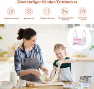 Trapppall för barn, 2-vånings stegpall, barnpall av plast, 44 x 39,5 x 61 cm, rosa