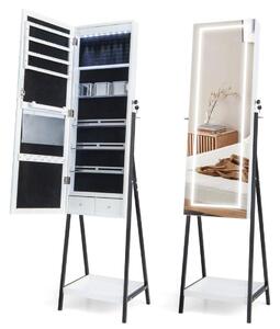 Smyckesskåp med hylla & helspegel & 3 färgade LED-lampor & 2 vita lådor