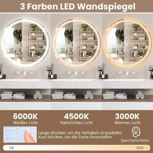 Badrumsspegel med anti-dimklocka touch-omkopplare & minnesfunktion spegelvärme LED-spegel dimbar 3000K-6000K 60 x 60 cm
