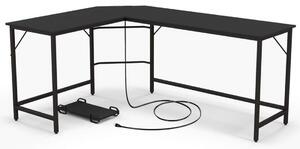 L-format datorbord med eluttag & CPU-stativ & Robust metallram hörnskrivbord svart