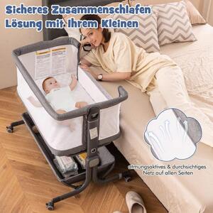 3 i 1 sidosäng resesäng baby med madrass babysäng 6 fack höjdjusterbar med förvaringskorg mörkgrå