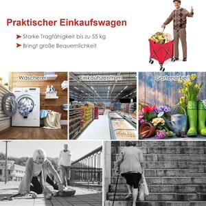 Hopfällbar shoppingvagn med hjul Kapacitet 90L/55kg Handvagn med avtagbar Oxford-väska Röd