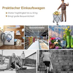 Hopfällbar shoppingvagn med hjul Kapacitet 90L/55kg Handvagn med avtagbar Oxford-väska Grå