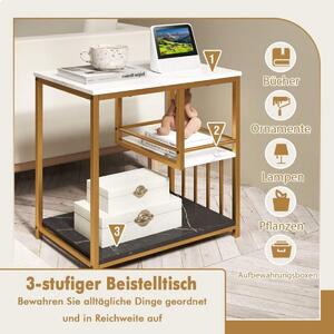 Sidobord marmorlook 3-vånings sängbord med metallram soffbord modernt vardagsrumsbord vitt