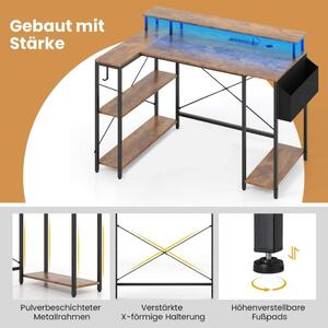 L-format skrivbord med eluttag & LED-belysning Speldatorbord Rustik Brun