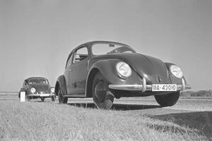 Fotografi Two models of the Volkswagen beetle, or KdF car, with open and closed roof near the test track near Wolfsburg, Germany 1930s, (40 x 26.7 cm)