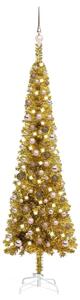 Plastgran smal med LED och julgranskulor guld 210 cm