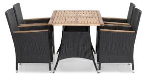 THOR Bord 140x90 Svart + 4 THOR LYX Fåtölj Teak -