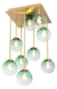 Art Deco taklampa guld med grönt glas 9 lampor - Aten