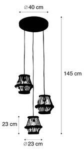 Orientalisk hänglampa bambu med svart rund 3-ljus - Evalin