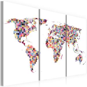 Canvas Tavla - Karta över Världen - pixels - Triptych - 60x40