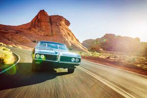 Illustration driving fast through desert in vintage hot rod car, Joshua Resnick