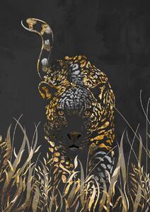 Illustration Black gold jaguar in grass, Sarah Manovski, (30 x 40 cm)