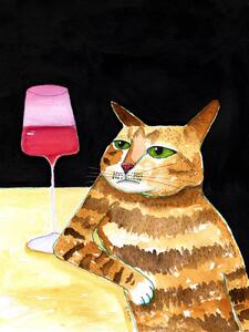 Illustration Cat Friday Night Drinks Wine Funny Cat Humour, Sharyn Bursic, (30 x 40 cm)