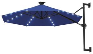 Väggmonterat parasoll med LED och metallstång 300 cm blå