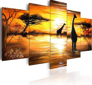 Canvas Tavla - Giraffer vid vattenhål - 200x100
