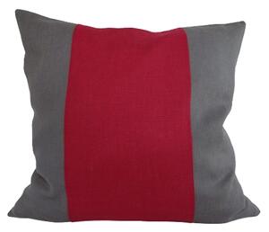 Randigt kuddfodral rött och mörkgrått i tvättat sanforiserat linne 50x50