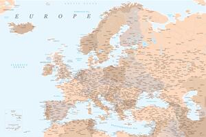 Karta Light brown and blue detailed map of Europe, Blursbyai