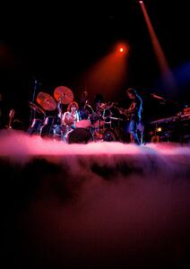 Fotografi February 1977: concert of rock band Pink Floyd at the Paris Pavilion: Nick Mason drummer and bassist Roger Waters