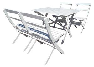 Utomhusmatgrupp, bord + 2 stolar + fällbar bänksoffa, vit Laxo