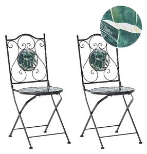 Trädgårdsstol 2 st Svart Metall Järnram Hopfällbar Grön Mosaik Kakel Mönster Vintage Stil Utomhus Beliani
