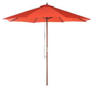 Trädgårdsparasoll Röd Tyg ø 270 x 237H cm Björkträ Stång Vikbar Utomhus Modern Beliani