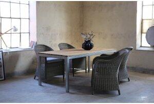 Matgrupp Alva: Matbord i teak / Galvaniserat stål med 4 st Mercury fåtöljer i brun konstrotting + Möbelvårdskit för textilier