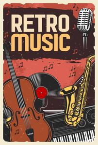 Illustration Retro music poster, instruments and vinyl, seamartini, (26.7 x 40 cm)