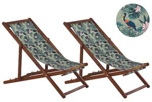 Uppsättning av 2 Solstolar Mörkt Akaciaträ Ram Flamingo Motiv Tyg Justerbar Hopfällbar Beliani