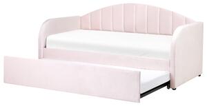 Rullsäng Ljusrosa 90 x 200 cm Lamellbas Klädd Dagbädd Glamour Modern Barnrum Gästrum Beliani