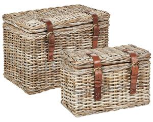 Set med 2 lådor Naturlig rotting med läderbälten och lock Handgjord mahognyram Boho-stil Vardagsrum Sovrum Beliani