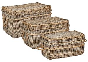 Set med 3 lådor Naturlig rotting med rep Handtag och lock Handgjorda Mahognyram Boho-stil Vardagsrum Sovrum Beliani