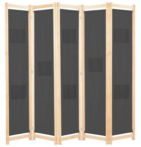 Rumsavdelare 5 paneler 200x170x4 cm grå tyg