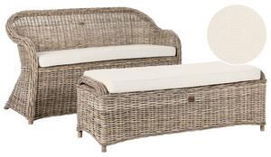 Trädgårdssoffa 2,5-sits med Fotpall Naturrotting Vit Off-White Dynor 150 cm Utomhus Inomhus Boho Stil Trädgård Terrass Balkong Beliani