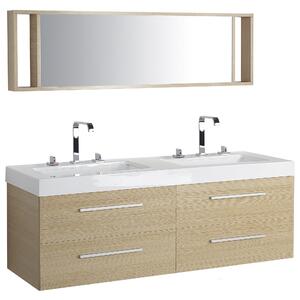 Badrumsmöbler Beige med Vit Lådor Speglar Väggskåp Dubbla tvättställ Modern Beliani