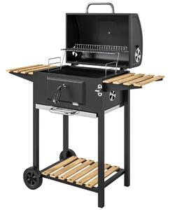 Kolgrill i rostfritt stål, mobil grillvagn med lock, termometer, grillgaller, hjul, justerbart handtag, kolbricka, kolgrillvagn
