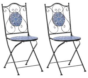 Trädgårdsstol 2 st Svart Metall Järnram Hopfällbar Blå Mosaikplattor Mönster Vintage Stil Utomhus Beliani