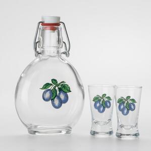 Kit 1x glasflaska och 2x snappsglas genomskinlig med plommontryck