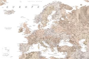 Karta Detailed map of Europe in neutral watercolor, Blursbyai