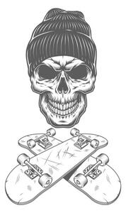 Illustration Vintage monochrome skateboarder skull, dgim-studio