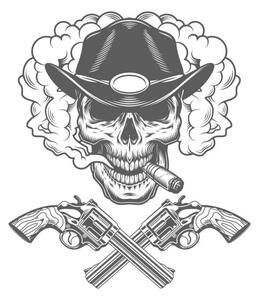 Illustration Skull smoking cigar in sheriff hat, dgim-studio