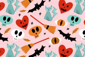 Illustration Halloween ghosts, skulls, cats and bats, Volanthevist