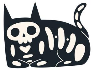 Illustration Cartoon black cat with skeleton. Funny, Elena Shlyuykova