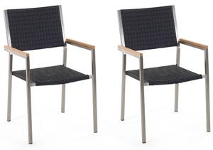 2 Moderna Trädgårdsstolar Svart och Silver Konstrotting Rostfri Stålram Stapelbar Utomhus Beliani