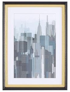 Inramad väggkonst Blå och Grå Tryck Guld och Svart ram 60 x 80 cm Skyskrapor City Passe-Partout Industriell Minimalistisk Beliani