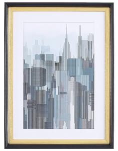 Inramad väggkonst Blå och Grå Tryck Guld och Svart ram 30 x 40 cm Skyskrapor City Passe-Partout Industriell Minimalistisk Beliani