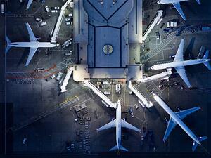 Illustration Airliners at gates and Control Tower at LAX, Michael H