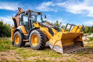 Illustration Yellow earth mover in construction site, ewg3D